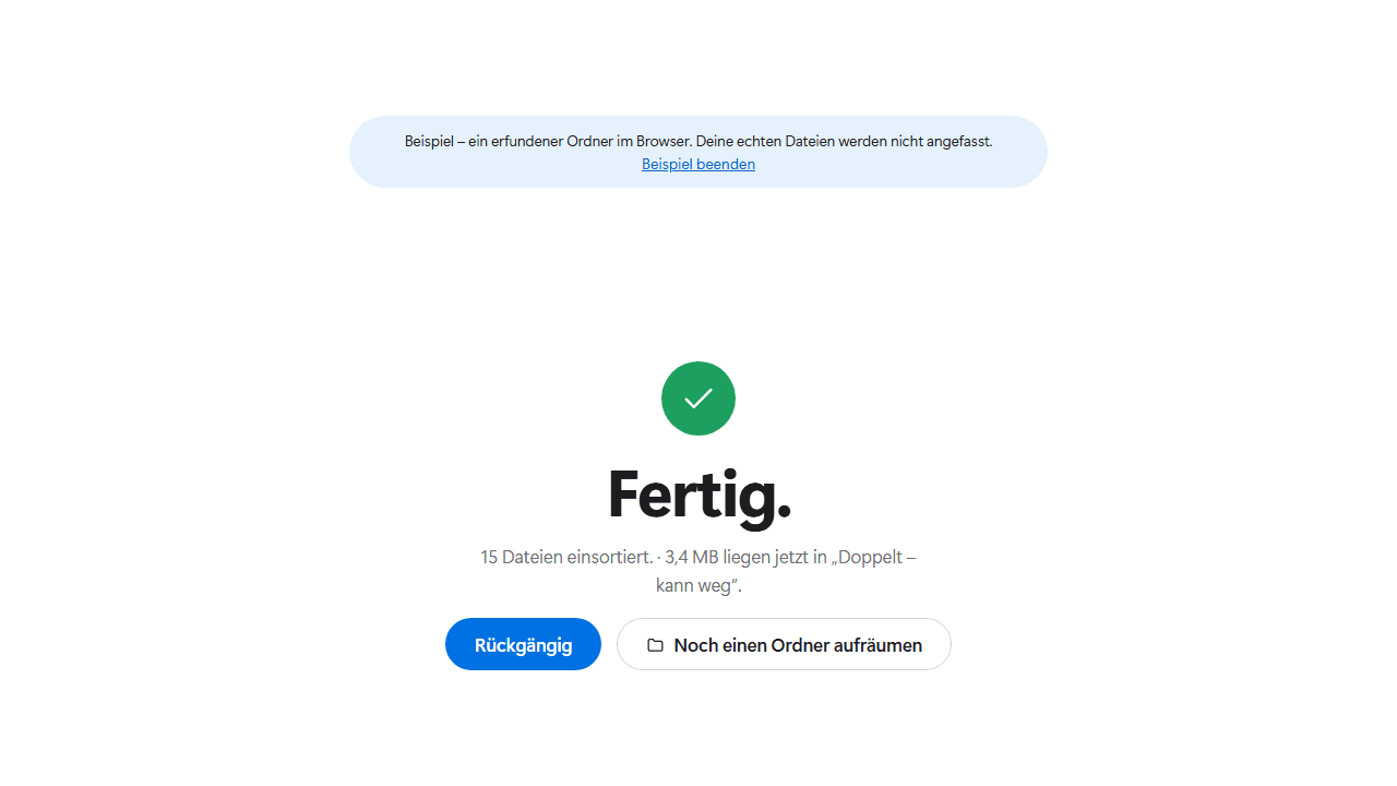 Zortio meldet: Fertig. 18 Dateien einsortiert, 4,6 MB liegen jetzt im Ordner Doppelt – kann weg. Daneben ein Knopf zum Rückgängigmachen.
